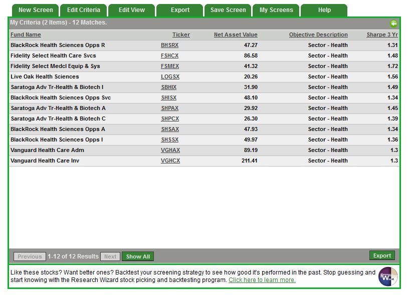 mutual fund screener with Sharpe Ratio