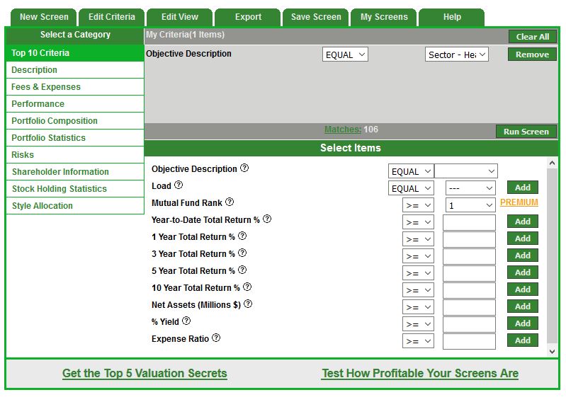 mutual funds screener